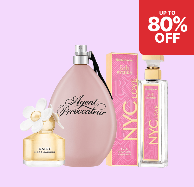Three perfume bottles on a light purple background with "Up to 80% Off" text in the corner.