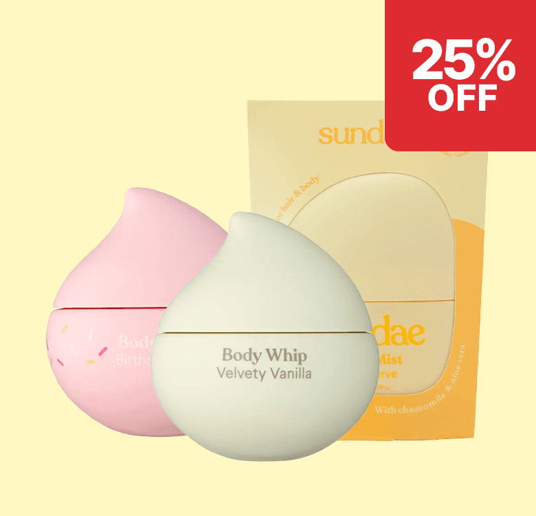 Two round, pastel-colored body care products with packaging, featuring a 25% off label in the top right corner.