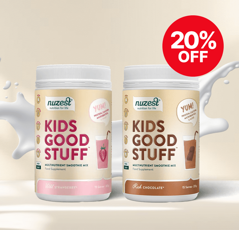 Two containers of Nuzest Kids Good Stuff smoothie mix in strawberry and chocolate flavors, with a "20% OFF" label above them.