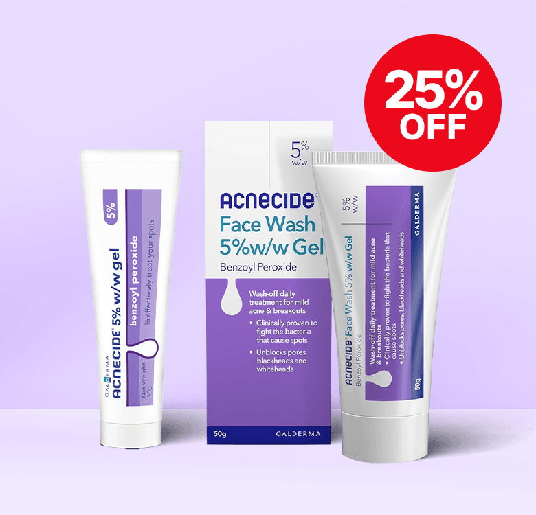 Face wash and gel tubes labeled "Acnecide 5% w/w Gel" with 25% off sticker. Box details acne treatment benefits.