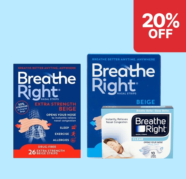 Three boxes of Breathe Right nasal strips with a "20% OFF" label in the corner.