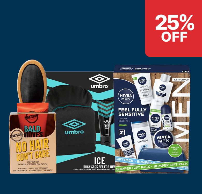 Three men's grooming gift sets with a 25% off label, featuring Umbro and Nivea products including a rucksack, skincare items, and a scalp care kit.