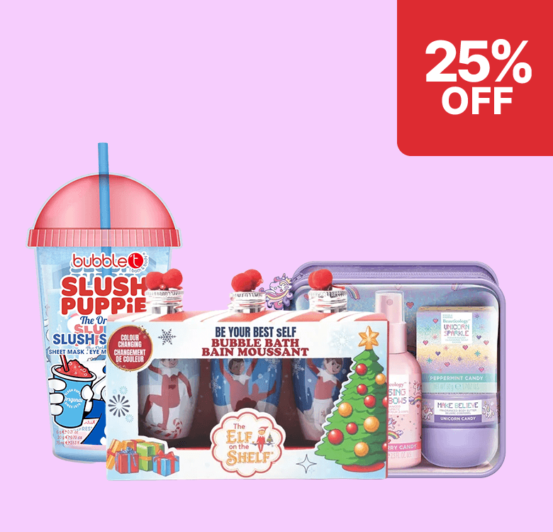 Assorted festive bath products and a slush drink cup with a 25% off label, set against a light purple background.