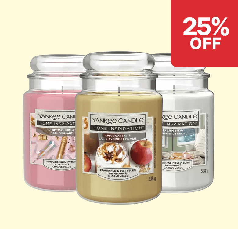 Three Yankee Candle jars featuring "Christmas Bubbly," "Apple Oat Latte," and "Falling Snow," with a 25% off discount label.