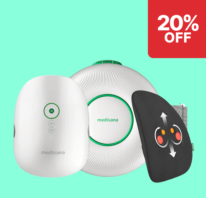 Three Medisana massage devices displayed on a turquoise background with a "20% OFF" label in the corner.