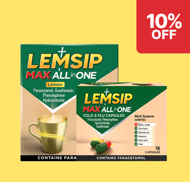 Two boxes of Lemsip Max All in One, one lemon-flavored and one with capsules, offering 10% off, on a yellow background.