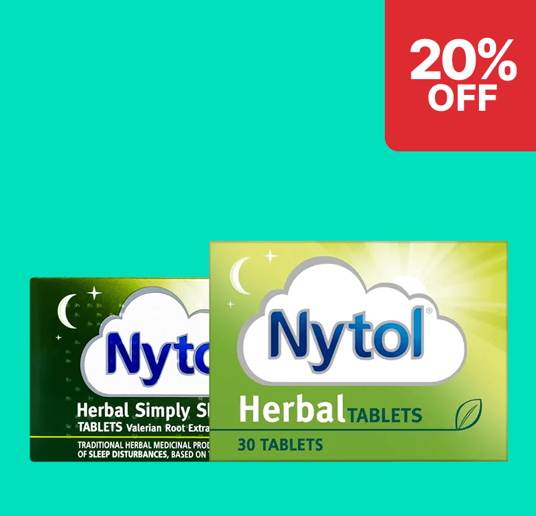 Two packages of Nytol Herbal Tablets on a blue background with a "20% off" label in the corner.