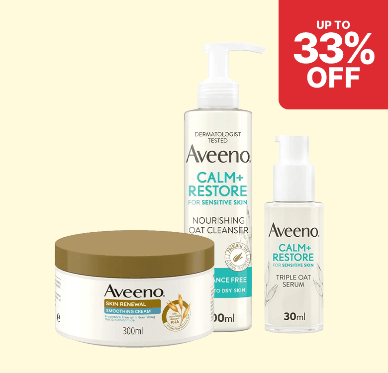 Skincare set includes Aveeno Calm + Restore Nourishing Oat Cleanser, Triple Oat Serum, and Skin Renewal Smoothing Cream with up to 33% off offer.
