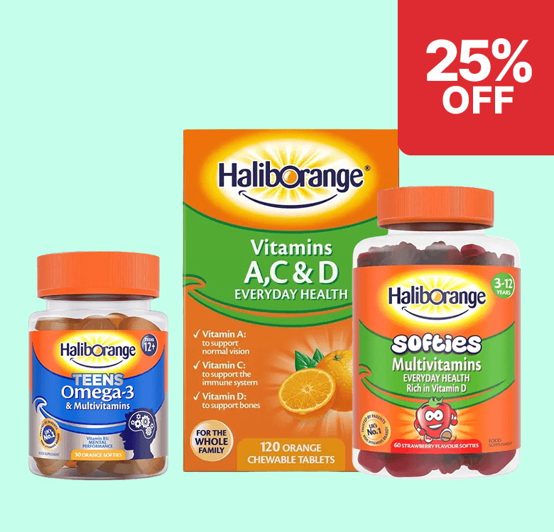 Haliborange vitamins and supplements, including Omega-3 for teens, A, C & D chewable tablets, and kids' multivitamin softies, with 25% off offer.