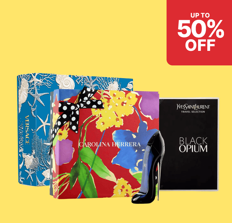 Perfume boxes with floral and starfish designs, a stiletto-shaped bottle, and "Up to 50% off" text in a red corner.