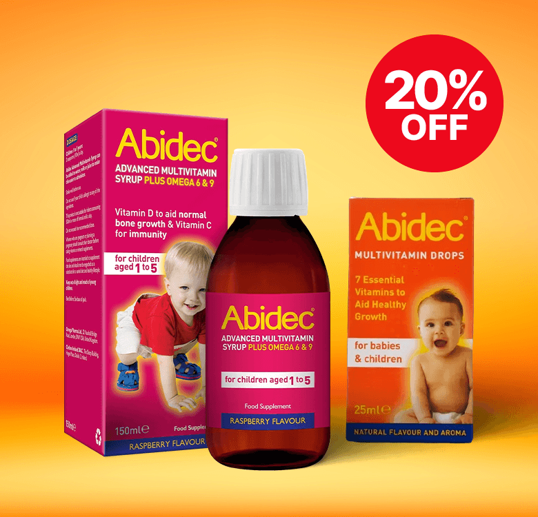 Abidec multivitamin products with a 20% off label, featuring raspberry syrup for children aged 1-5, and multivitamin drops for babies and children.