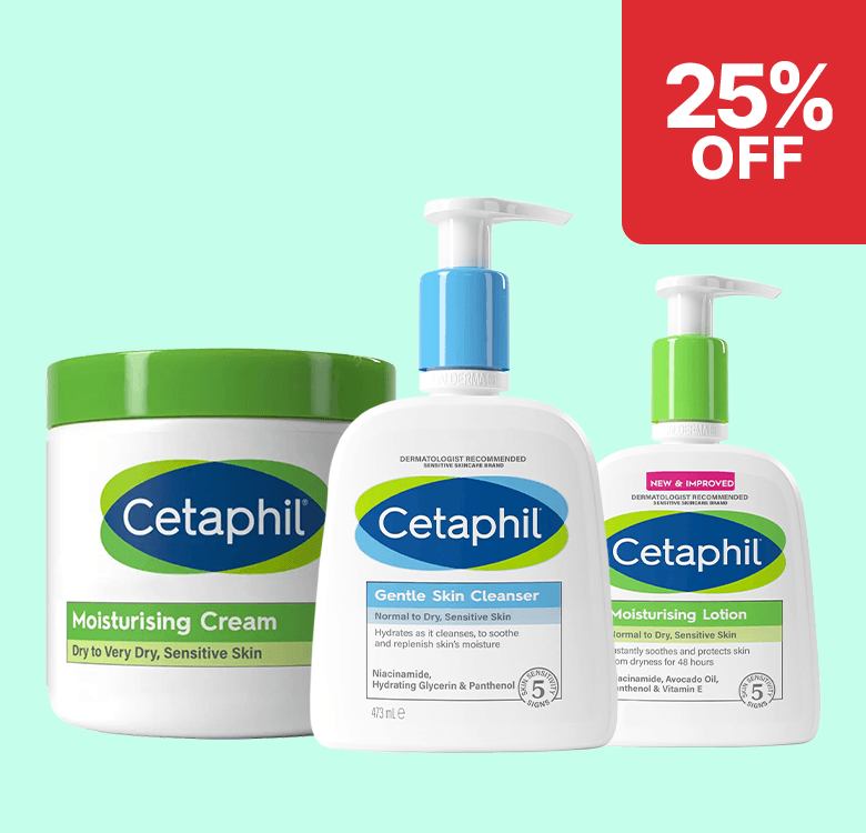 Cetaphil moisturizing cream, gentle skin cleanser, and moisturizing lotion bottles with "25% off" label on a light blue background.