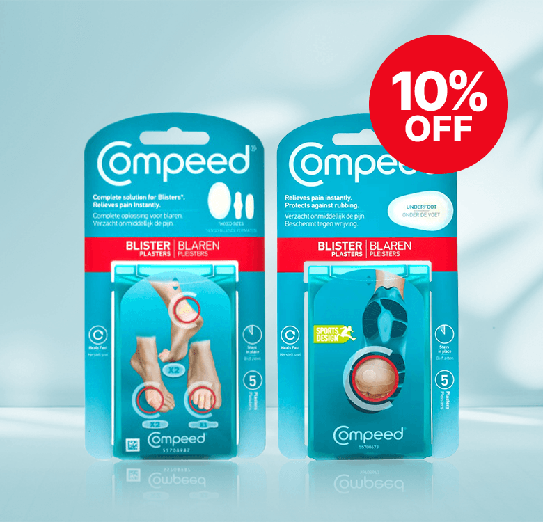 Two packs of Compeed blister plasters on a light background with a red "10% OFF" sticker.