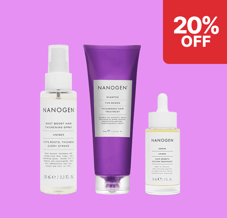 Three Nanogen hair care products on a purple background with a "20% off" tag in the top right corner.