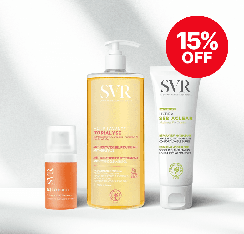 Three SVR skincare products with a 15% off badge. Includes Topialyse cleansing oil and Sebiaclear Hydra cream.