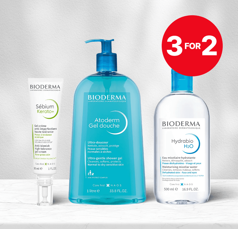 Three Bioderma skincare products with a "3 for 2" offer. Includes Sébium Kerato+ gel-cream, Atoderm Gel Douche, and Hydrabio H2O micellar water.