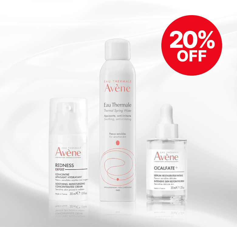 Three Avène skincare products with a "20% Off" label on a white background.