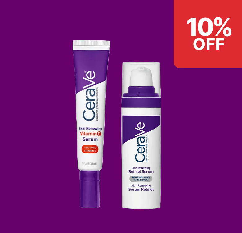 Save 10% on CeraVe at Pharmacy2U. Two CeraVe skincare products, including Vitamin C Serum and Retinol Serum, are displayed.
