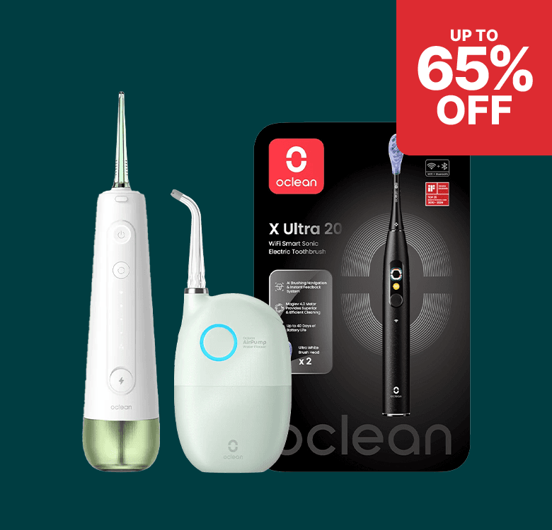 Electric toothbrush and water flosser set with packaging displayed on a dark background. Up to 65% off sale announcement in red corner banner.