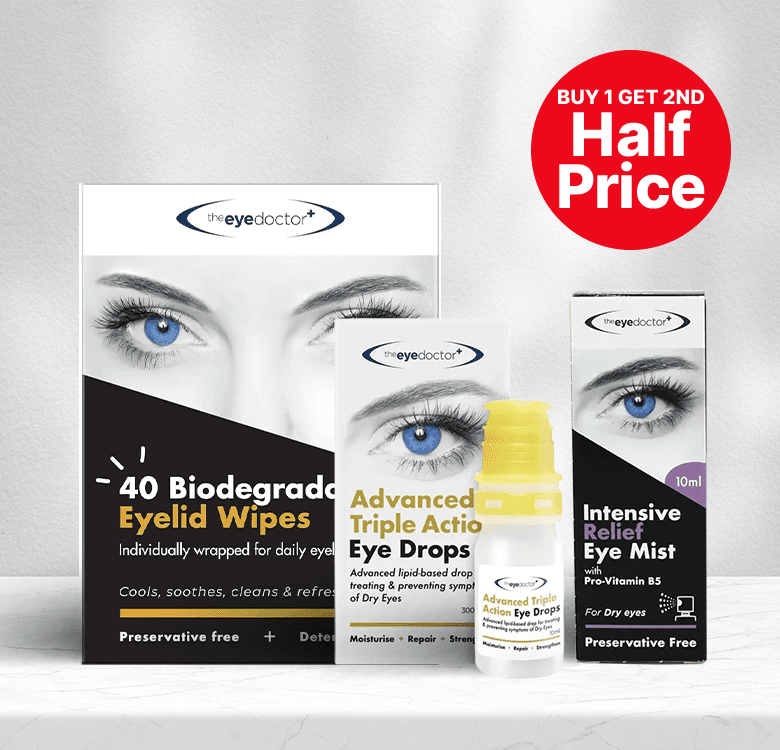 The Eye Doctor products including biodegradable eyelid wipes, advanced triple action eye drops, and intensive relief eye mist, with a "Buy 1 Get 2nd Half Price" offer.
