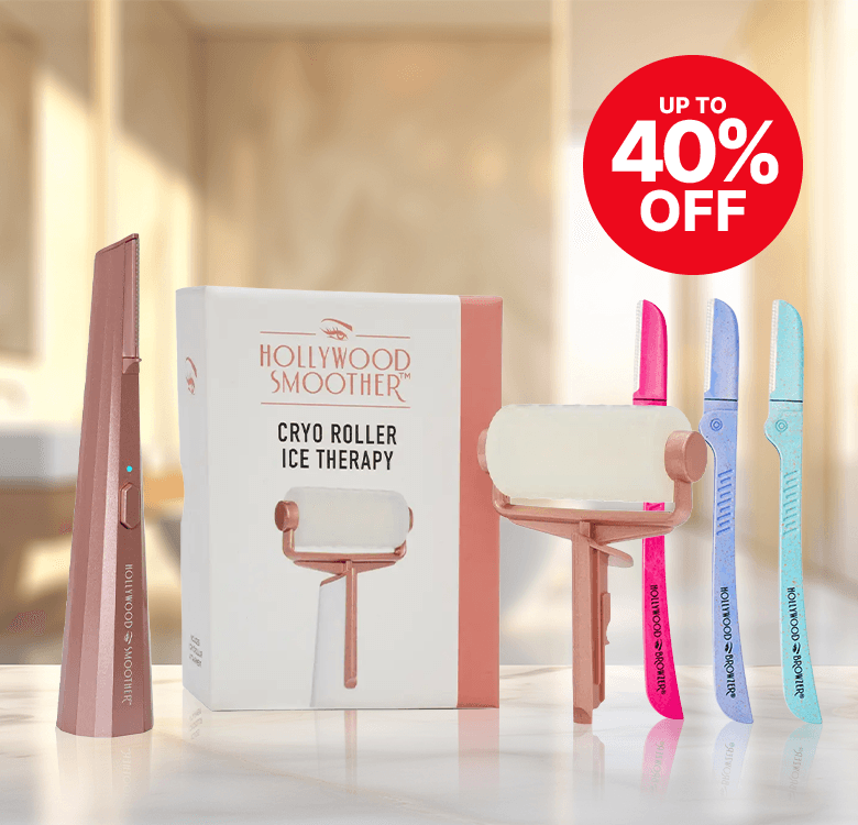 Cryo roller and dermaplaning tools on a counter, with a box labeled "Hollywood Smoother Cryo Roller Ice Therapy," and a "Up to 40% Off" badge.