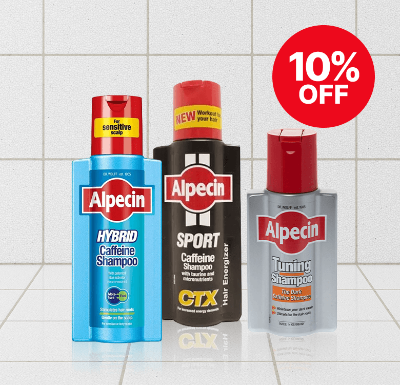 Three Alpecin shampoo bottles with a 10% off badge, set against a tiled background: Hybrid Caffeine, Sport Caffeine, and Tuning Shampoo.
