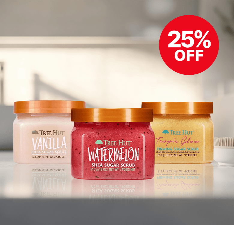Three jars of Tree Hut shea sugar scrub in vanilla, watermelon, and tropic glow scents, with a "25% off" label in the corner.