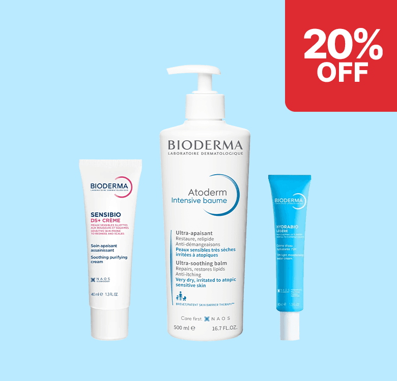 Three Bioderma skincare products on a blue background with a red "20% OFF" label; includes creams and a balm.