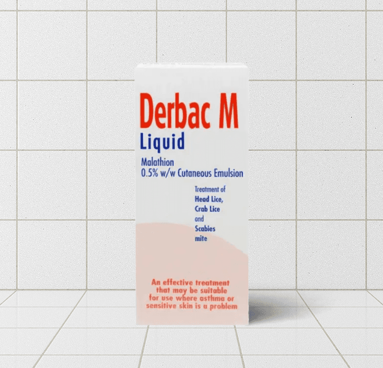 Box of Derbac M Liquid with 0.5% Malathion, for treating head lice, crab lice, and scabies, suitable for sensitive skin and asthma.