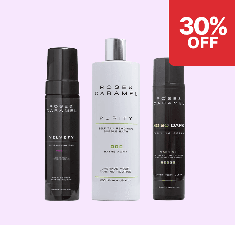 Three Rose & Caramel tanning products with a 30% off discount badge on a light purple background.