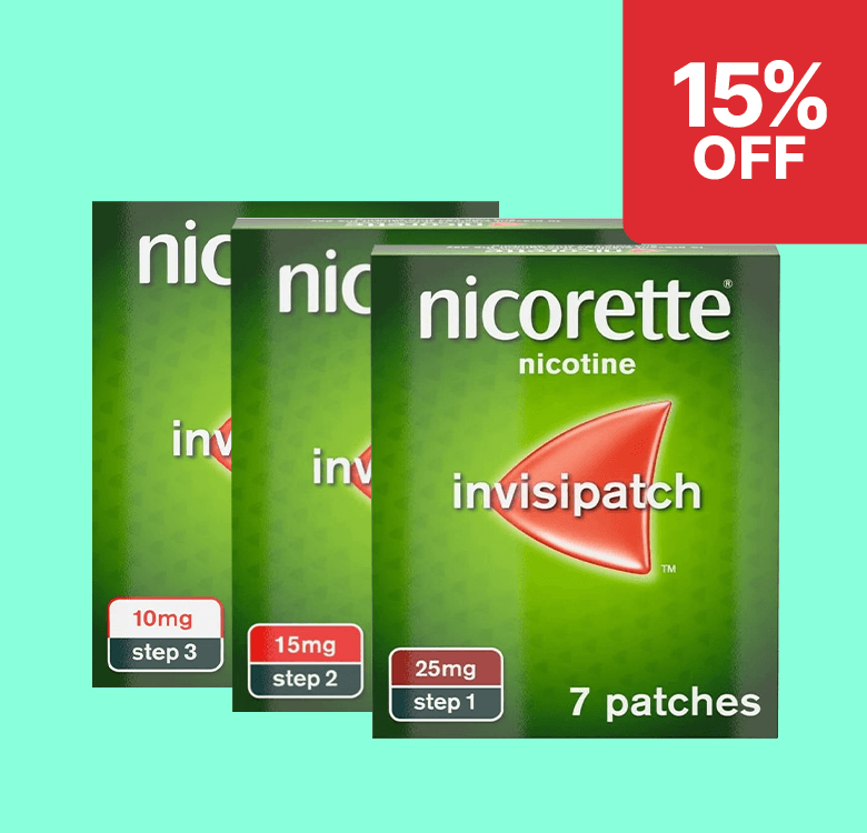 Three boxes of Nicorette InvisiPatch for nicotine replacement, labeled 10mg, 15mg, and 25mg steps, with a 15% off discount tag on a teal background.