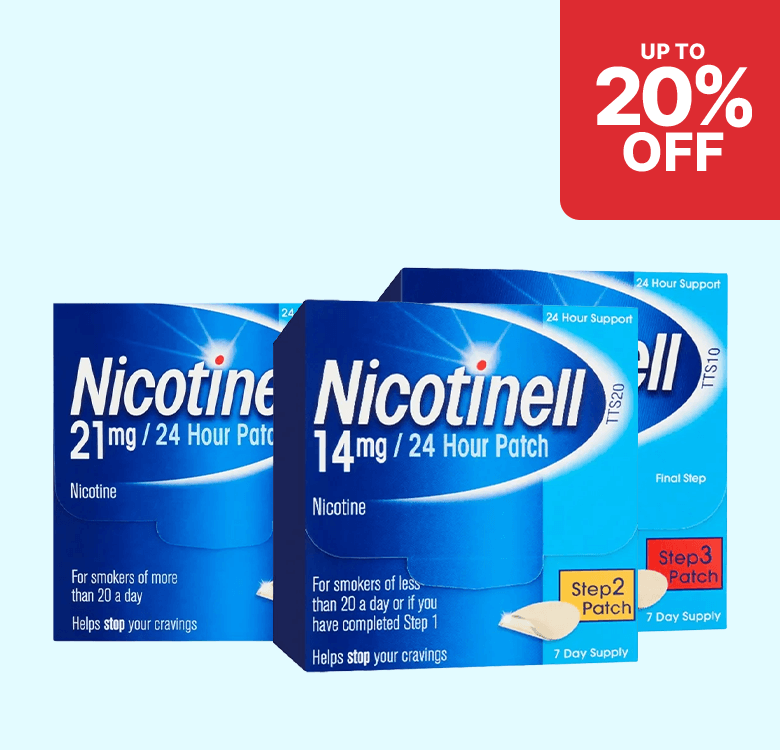 Three boxes of Nicotinell nicotine patches with 21mg and 14mg doses and a "Up to 20% Off" red label.