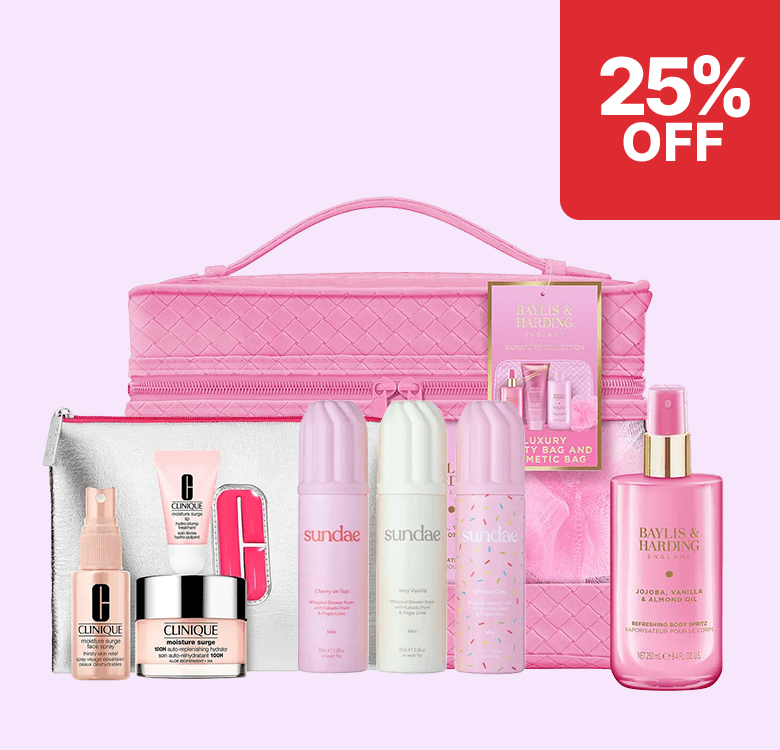 A pink cosmetic bag with skincare products from Clinique, Baylis & Harding, and Sundae, with a 25% off label in the corner.
