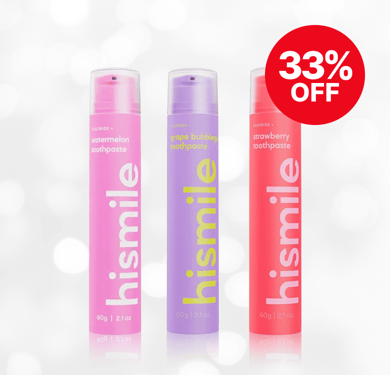 Three hismile toothpaste bottles: watermelon, grape bubblegum, and strawberry flavors. A red label indicates 33% off.
