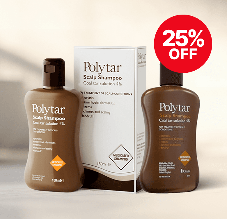 Polytar Scalp Shampoo bottles and box with a 25% off badge, for treating psoriasis, dermatitis, eczema, itchiness, and dandruff.