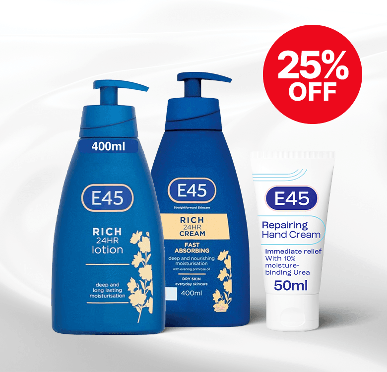 E45 skincare products, including lotion, cream, and hand cream, with a 25% off red badge. Blue bottles and a white tube on a white background.