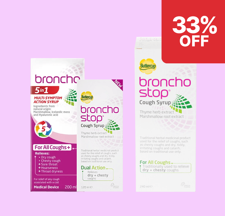 Three boxes of Bronchostop cough syrup with a 33% off tag. The products claim to relieve various types of coughs.