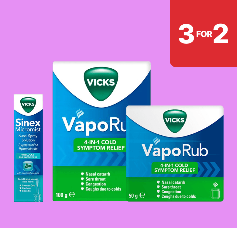 Vicks products on a purple background, including Sinex Micromist nasal spray and VapoRub. A red "3 for 2" offer banner is in the corner.