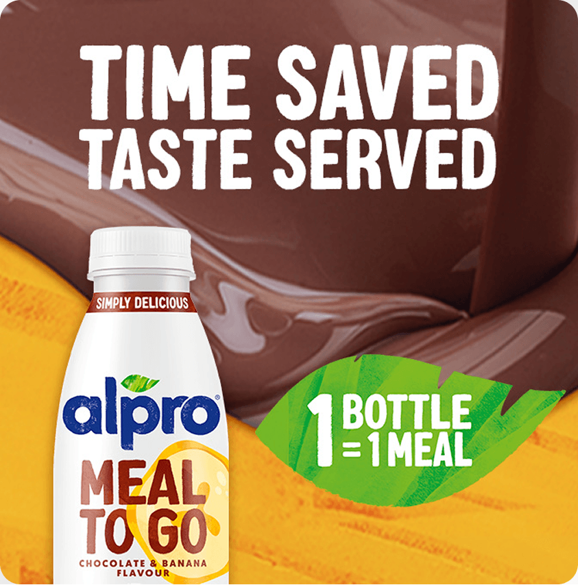 Alpro Meal To Go chocolate-banana drink against sleek chocolate and banana background. Text: "Time saved, taste served" and "1 bottle = 1 meal."