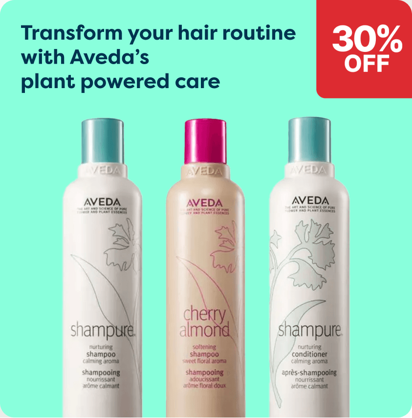Three Aveda bottles labeled Shampure shampoo, Cherry Almond shampoo, and Shampure conditioner on a turquoise background with a 30% off sign.