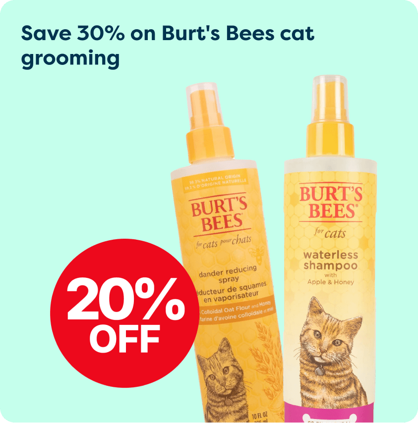Two Burt's Bees cat grooming products with a "Save 30%" message and "20% OFF" in a red circle on a light blue background.