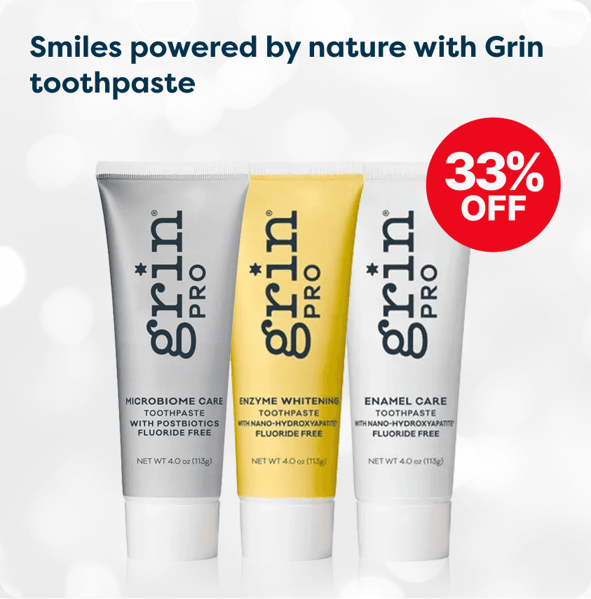 Three tubes of Grin Pro toothpaste with descriptions for microbiome care, enzyme whitening, and enamel care. "33% Off" in a red circle.