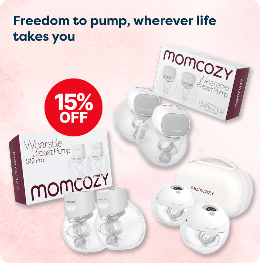 Pharmacy2u Breast pump ad with two Momcozy boxes, pumps, and storage case on a pink background. With "15% off" discount displayed.