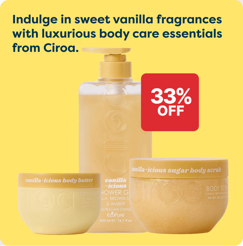 Ciroa body care set featuring vanilla-icious shower gel, body butter, and sugar body scrub with 33% off.