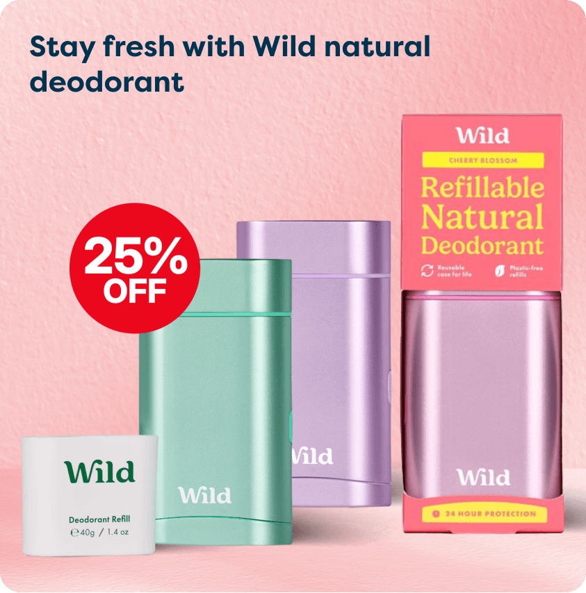 Save 25% on all Wild at Pharmacy2U. Wild natural deodorant products, including reusable cases and deodorant refills, are displayed.