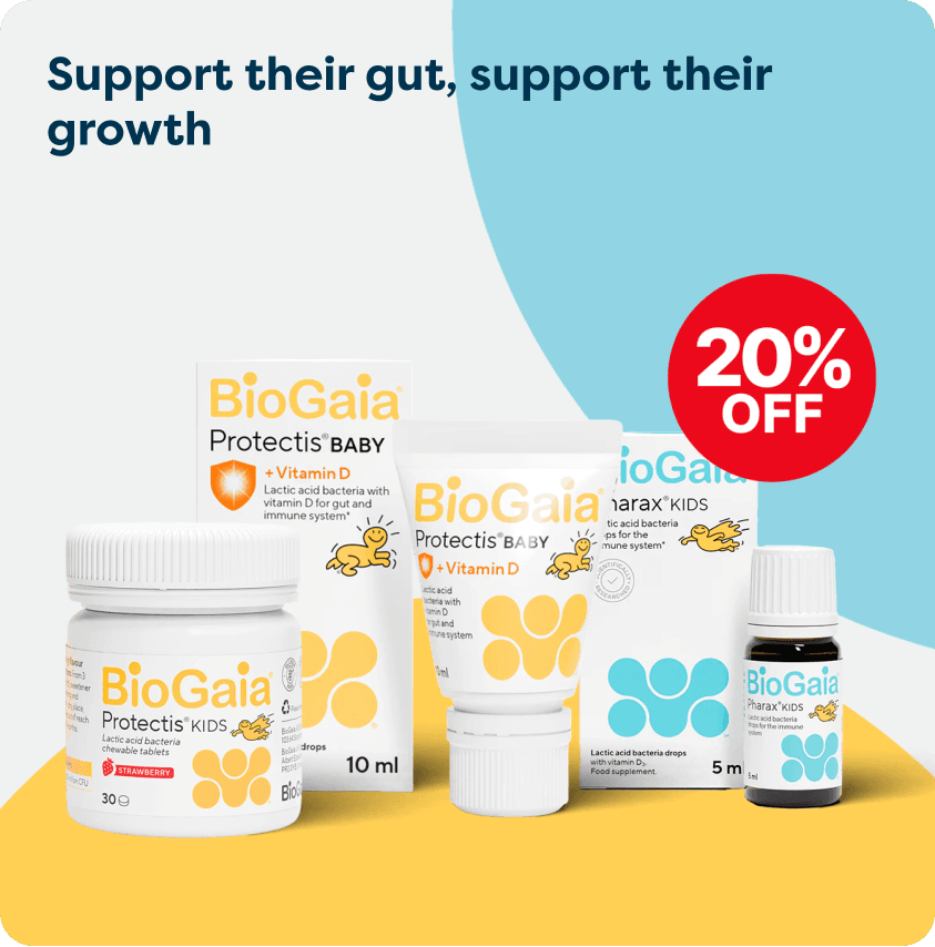 Assorted BioGaia probiotic products for kids and babies with a 20% off promotion.