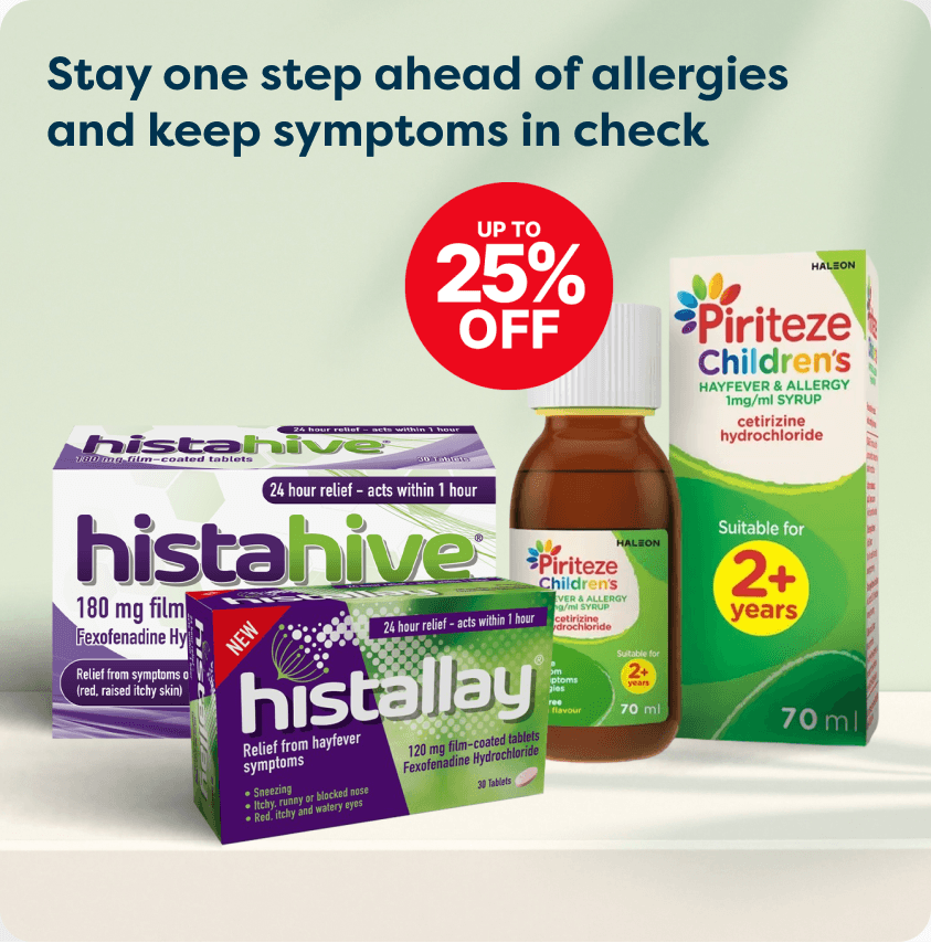 Allergy relief products including Histahive tablets and Piritize Children's syrup with a "Up to 25% off" label and promotional text above to "stay ahead of allergies and keep symptoms in check".