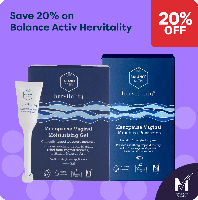 Promotional ad for Balance Activ Hervitality menopause vaginal products with 20% discount, featuring moisturizing gel and moisture pessaries.