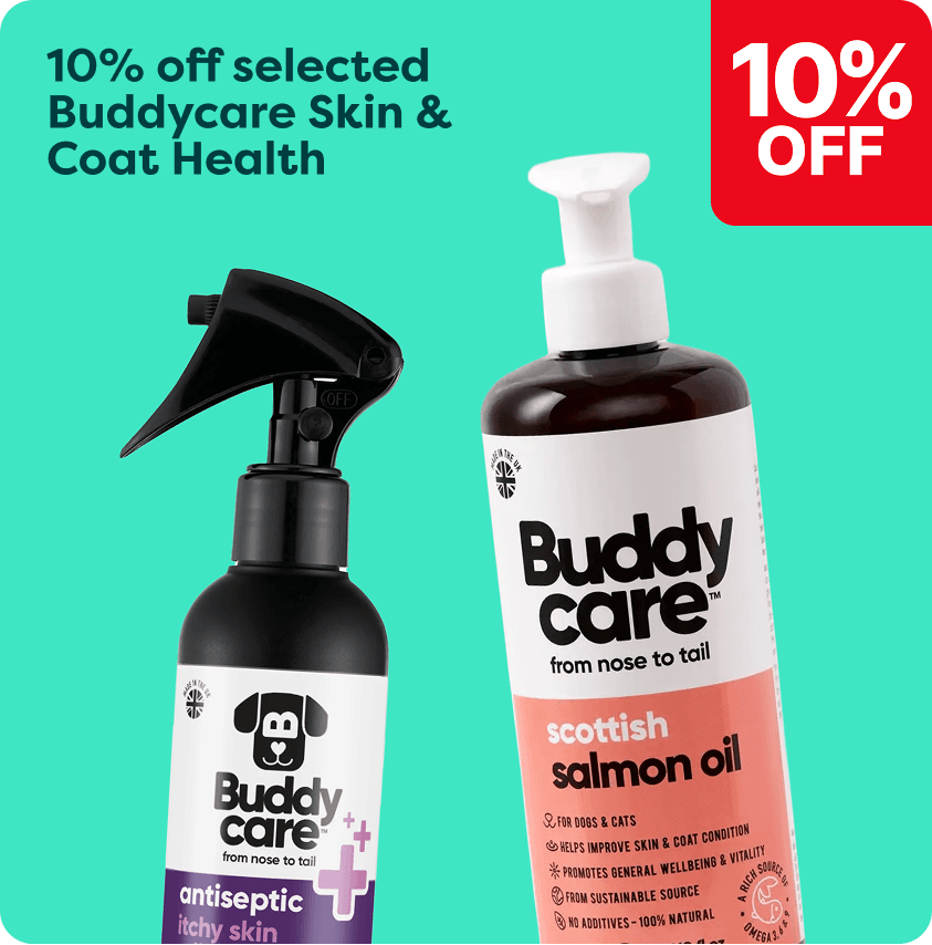 Two Buddy Care pet products with 10% off: an antiseptic itchy skin spray and a Scottish salmon oil bottle on a teal background.