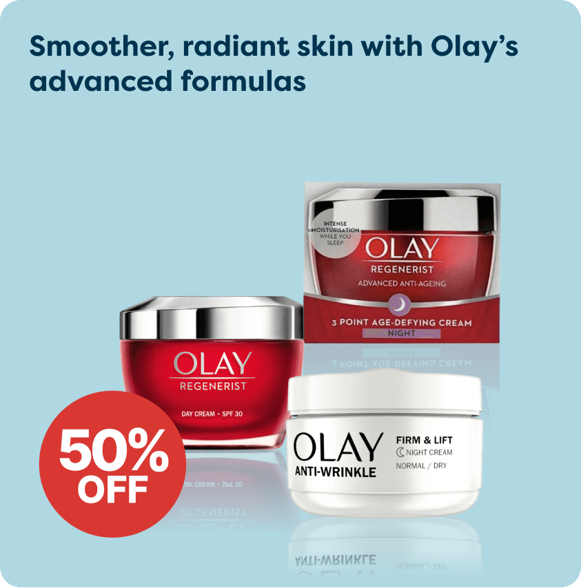 Save 50% on Olay at Pharmacy2U. Olay skincare products, including anti-ageing creams, are displayed.